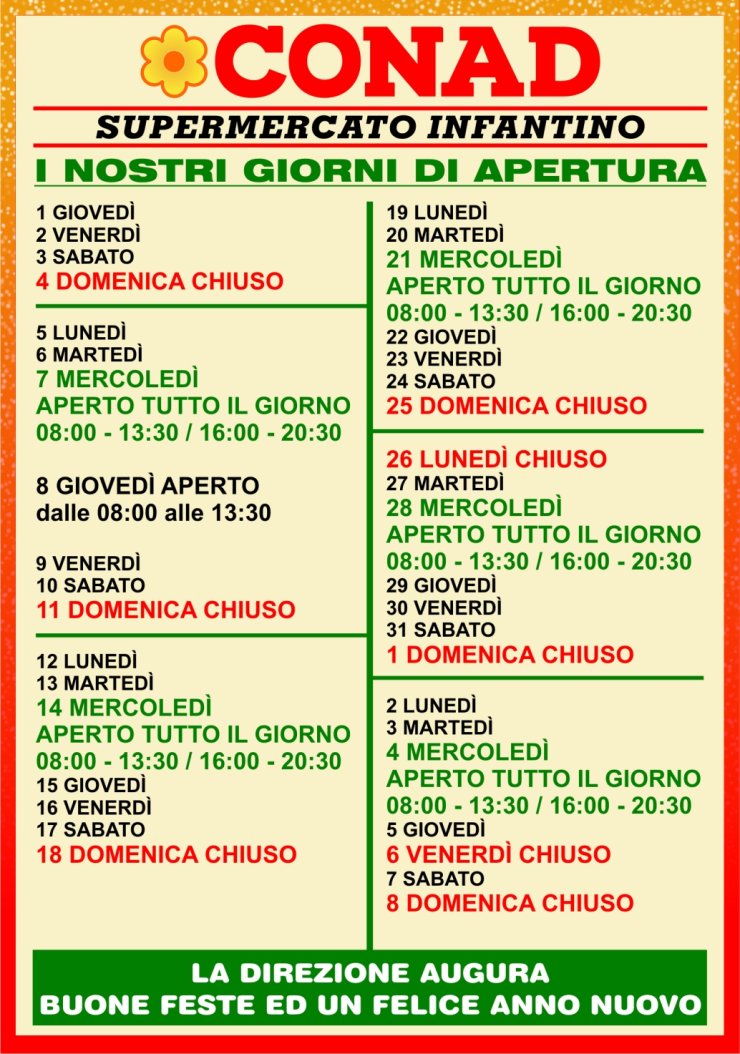 Supermercato Infantino affiliato CONAD - Grotte (AG) - Orari di apertura per le festivit� di fine anno 2011