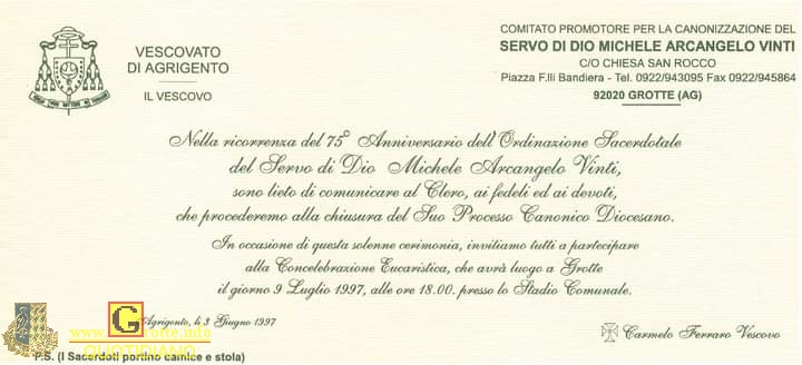 Invito per la cerimonia di chiusura del processo canonico diocesano