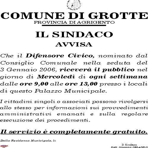 Difensore Civico: giorno ed orario di ricevimento degli utenti